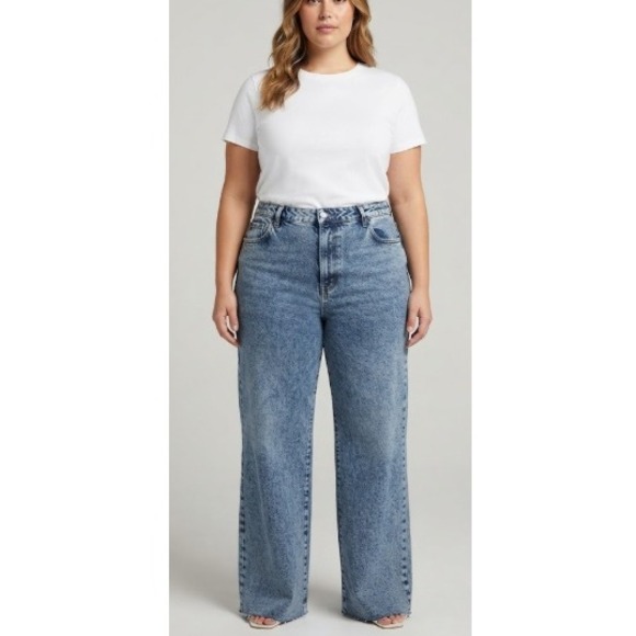 Fashion Nova Denim - Fashion Nova‎ Womens Blue Acid Wash Wide Leg High Rise Button Fly Jeans Size 16